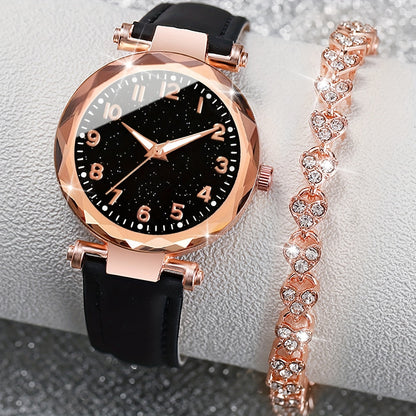 Casual Elegance Set - Quartz Watch with PU Leather Strap and Bracelet