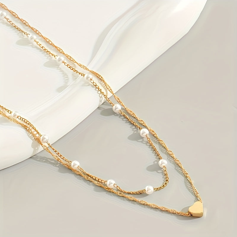 Double Necklace With Pearls And Heart Pendant